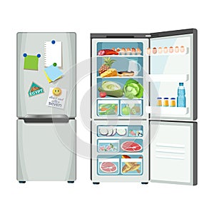 Modern fridge with different food set colorful poster