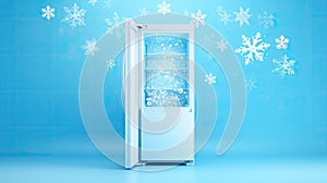 modern fridge and flying snowflake on light blue background