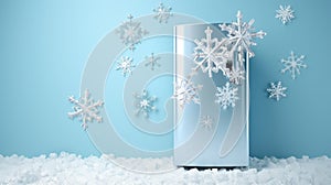 modern fridge and flying snowflake on light blue background