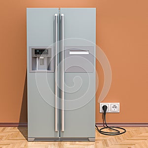 Modern fridge with side-by-side door system in interior, 3D rend