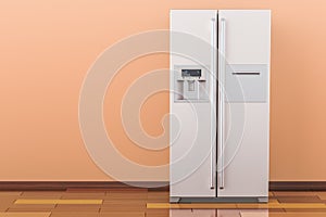 Modern fridge with side-by-side door system in the room, 3D rend