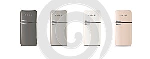 Modern fridges. Realistic coolers, refrigerators for home or restaurant kitchen and cold products storage. 3d Vector