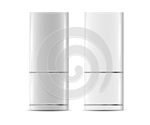 Modern fridges. Realistic silver coolers, refrigerators of different size for home or restaurant kitchen and cold