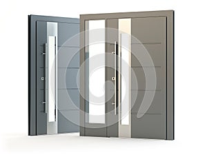 Modern front doors isolated on white, 3D illustration