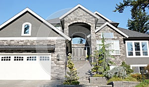 Modern Front Elevation Gray Brick Rock Home House Residence Exterior Custom Siding Gable Details