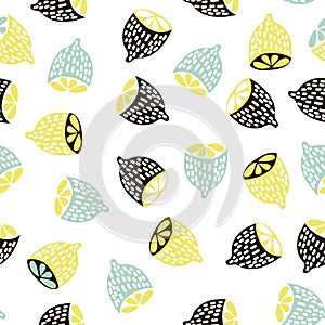 Modern fruit seamless pattern. Background with lemons. Great for kids fabric, textile, etc. Vector Illustration.