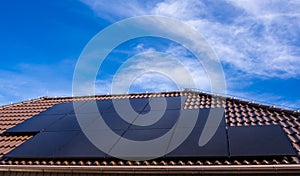 Modern full black solar panels on the roof of a private house