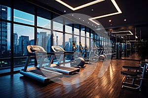 Modern and fully equipped gym located a higher floor of a commercial tower building. Generative AI