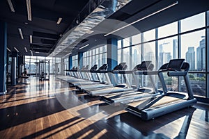 Modern and fully equipped gym located a higher floor of a commercial tower building. Generative AI