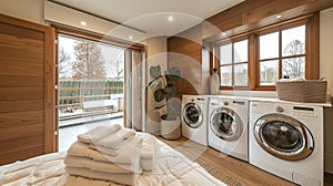 A modern and functional laundry room with builtin washer and dryer units cleverly hidden behind cabinet doors optimizing