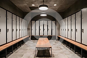 Modern functionality empty locker room with contemporary metal lockers
