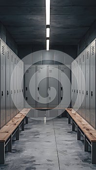 Modern functionality empty locker room with contemporary metal lockers