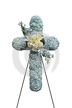 Modern Funeral Sympathy Cross of Flowers - Tribute Floral Arrangement - Blue Hydrangea - White Roses