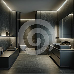 A modern furnished bathroom with a dark grey interior design and granite tiles. The bathroom features contemporary