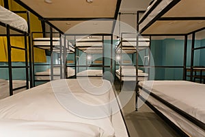 Modern furniture, bunk beds in new style hostel with dormitory rooms for many people