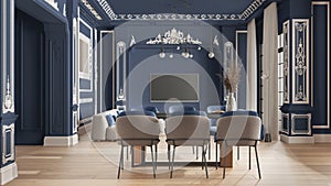 Modern furniture in classic apartment in blue tones, living and dining room with table and armchairs, sofa, pendant lamps. Plaster