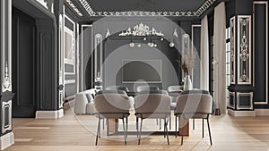 Modern furniture in classic apartment in gray tones, living and dining room with table and armchairs, sofa, pendant lamps. Plaster