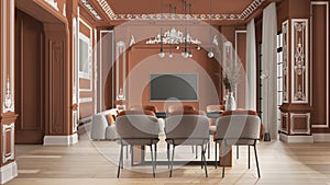 Modern furniture in classic apartment in orange tones, living and dining room with table and armchairs, sofa, pendant lamps.