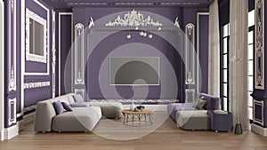 Modern furniture in classic apartment in purple tones, living room with table and armchairs, sofa with table, pendant lamps.