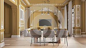 Modern furniture in classic apartment in yellow tones, living and dining room with table and armchairs, sofa, pendant lamps.