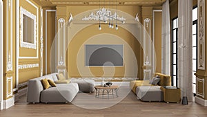 Modern furniture in classic apartment in yellow tones, living room with table and armchairs, sofa with table, pendant lamps.