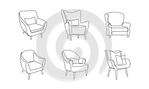 Modern furniture for home interior decorations of trendy loft style outline contour lines. Collection of armchairs and