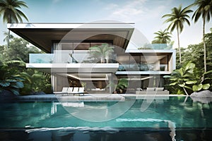 Modern future luxury tropical villa with a swimming pool. Generative AI
