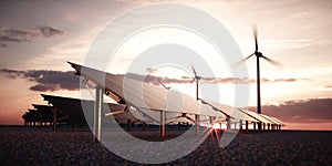 Modern and futuristic aesthetic black solar panels of large photovoltaic power station with wind turbines in background in warm