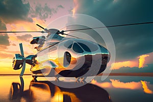 Modern futuristic army helicopter transport in city center. Neural network generated art
