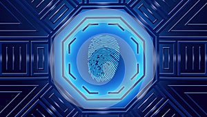 Modern futuristic background with glowing neon blue lights and fingerprint centered in octagonal elements