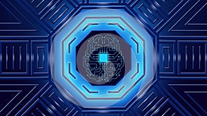 Modern futuristic background with glowing neon blue lights and symbolic human brain centered in octagonal elements