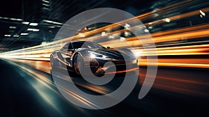 Modern futuristic black sports car in fast motion with blurred traffic lights at night