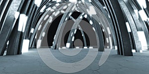 modern futuristic dark building interior with led lights 3d render illustration