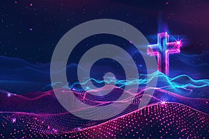 Modern futuristic Easter concept. digital representation of cross with neon pink and blue lighting effects. Backdrop of wireframe