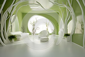 Modern futuristic Eco-friendly home interior design in green ad white colors with biophilic design elements. Modern living room