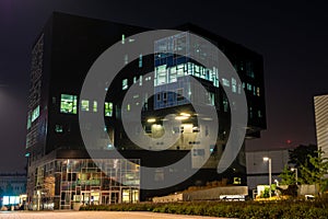 Modern and futuristic Economic University of Vienna at night