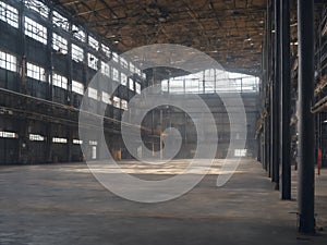 Modern futuristic empty factory. Interior of industrial warehouse building - generated by ai