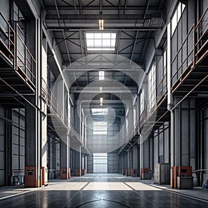 Modern futuristic empty factory. Interior of industrial warehouse building - generated by ai