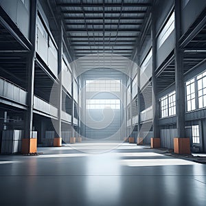 Modern futuristic empty factory. Interior of industrial warehouse building - generated by ai