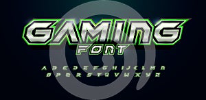 Modern futuristic font for video game logo and headline. Bold letters with sharp angles and green outline. Tilted sharp