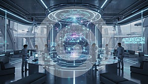 Futuristic Innovation Hub with Advanced Holographic Interface