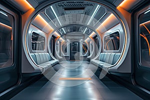 Modern futuristic interior cabin train metro subway in an urban environment