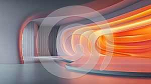 Futuristic interior with flowing orange and white curved walls, AI