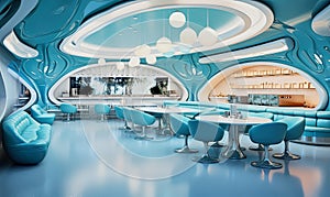 modern futuristic kitschy cafe in light blue