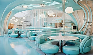 modern futuristic kitschy cafe in light blue