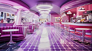 modern futuristic kitschy cafe in purple color