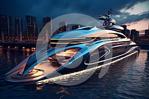 A Modern Futuristic Luxury Yacht in a Port at Sunset showcasing the opulence and sophistication of high-end marine design. Ai