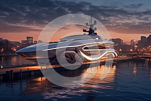 A Modern Futuristic Luxury Yacht in a Port at Sunset showcasing the opulence and sophistication of high-end marine design. Ai