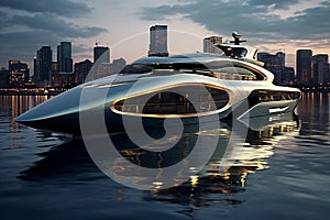 A Modern Futuristic Luxury Yacht in a Port at Sunset showcasing the opulence and sophistication of high-end marine design. Ai