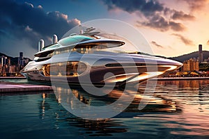 A Modern Futuristic Luxury Yacht in a Port at Sunset showcasing the opulence and sophistication of high-end marine design. Ai